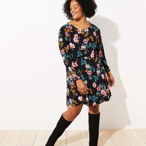 LOFT Dresses & Skirts - LOFT Floral Open Back Knit Long Sleeve Flare Skater Dress Black Pink 2 NWT